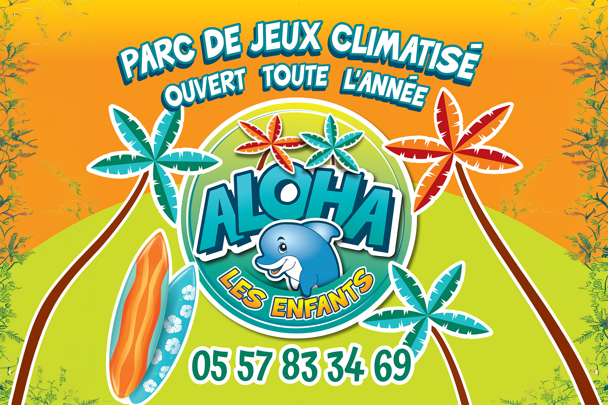 Affiche parc de jeux pour enfants Aloha avec thème tropical et dauphin souriant à Bordeaux