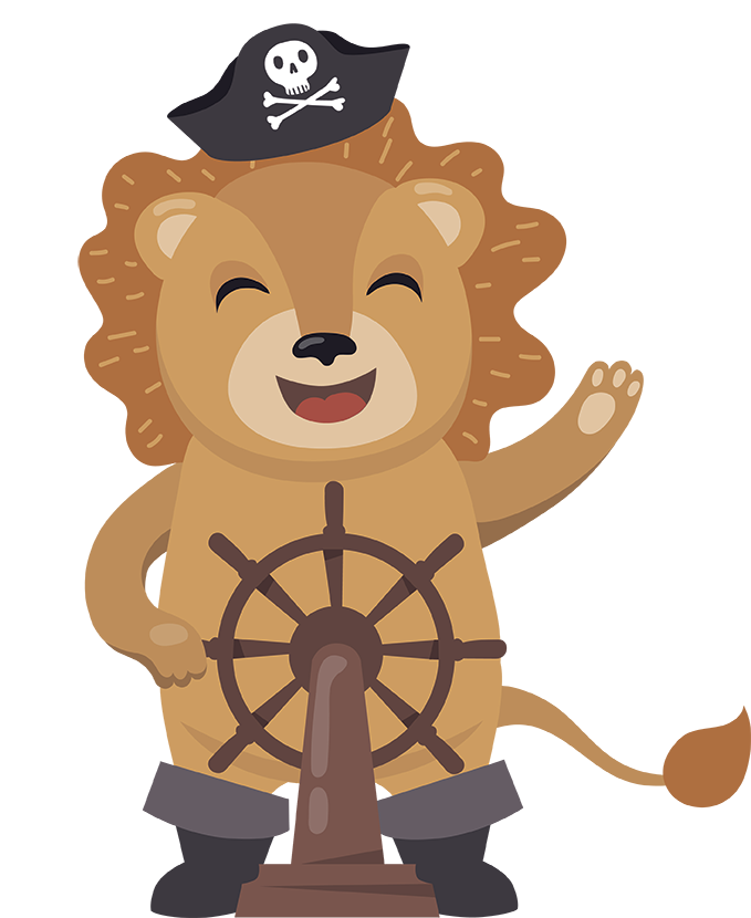 Lion pirate cartoon mignon capitaine de navire pour parc enfants aloha à bordeaux