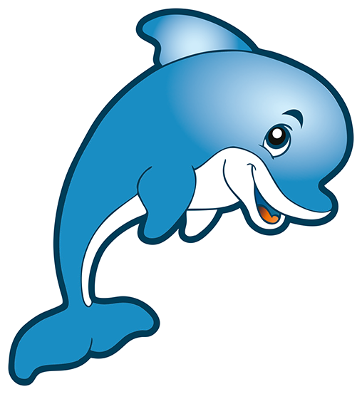 dauphin bleu souriant pour enfants aloha bordeaux, illustration ludique aux couleurs vives