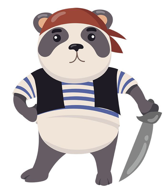 Panda pirate cartoon aloha pour enfants à bordeaux, sabre et bandana rouge