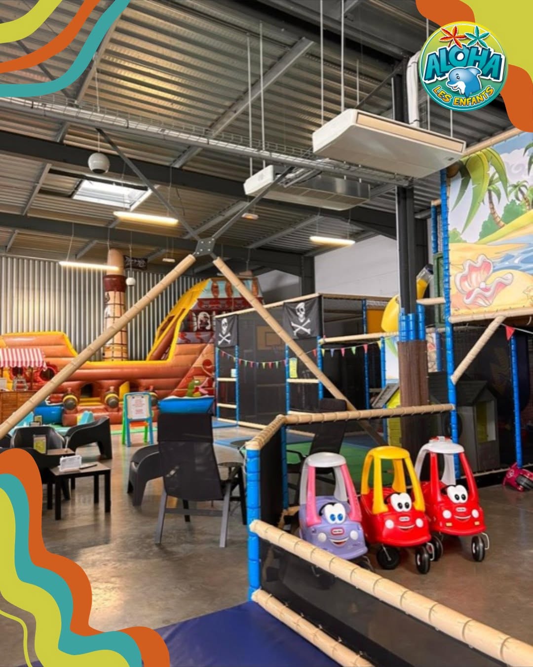 aire de jeux intérieure aloha à bordeaux avec structures gonflables et voitures pour enfants