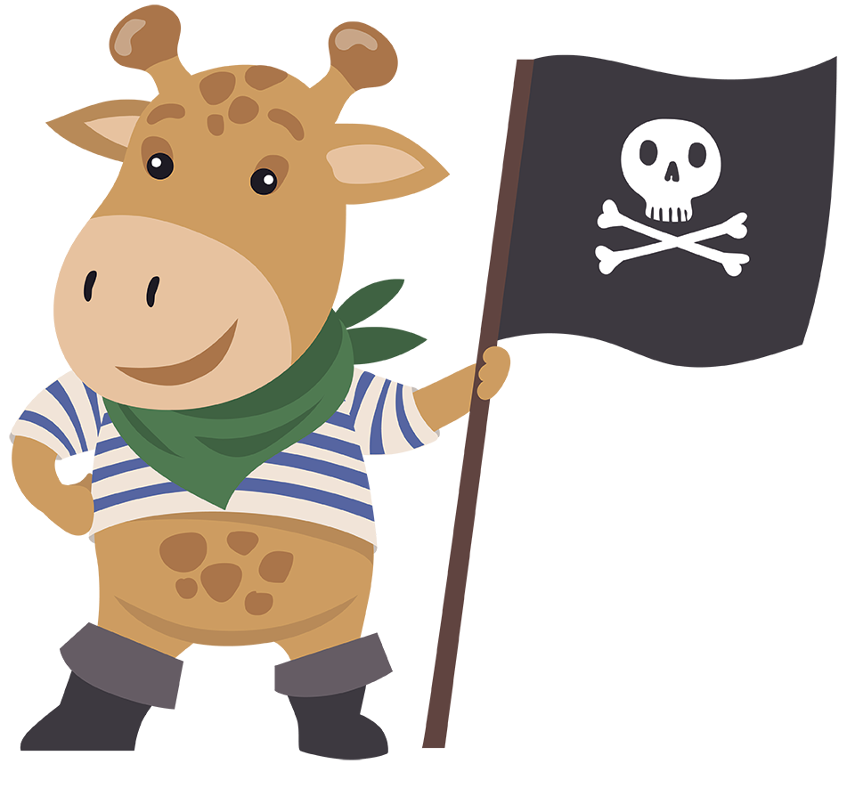 Girafe pirate ludique pour enfants aloha à bordeaux, mascotte rigolote au drapeau tête de mort